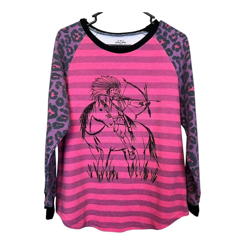 Crazy Train Western Boho Blouse Shirt Top Medium Leopard Long Sleeve